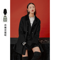 三彩2020年冬季新款丝绒翻领双排扣中长款宽松羊毛呢双面呢大衣女