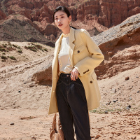 伊布都ibudu2020冬季新款平驳领双排扣腰带羊毛双面呢大衣女