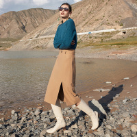 伊布都ibudu2020冬季新款高腰开叉半身裙A字裙中长裙女