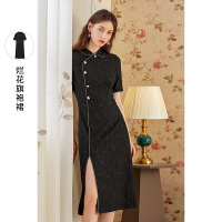 三彩2020秋季新款民国风翻领斜襟短袖烂花改良旗袍裙连衣裙女