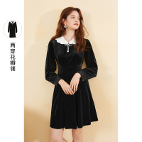 三彩2020冬季新款两穿花瓣领衬衫袖珍珠扣长袖丝绒小黑裙连衣裙女