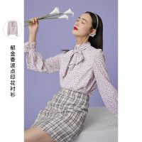三彩2020冬季新款蝴蝶结绑带原创波点郁金香印花喇叭袖长袖衬衫女