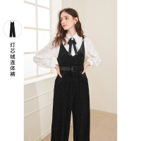 三彩2020冬季新款V领腰带宽松阔腿裤复古银丝灯芯绒连体裤女