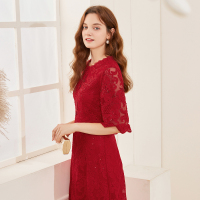 三彩2020冬季新款花边圆领绣花蕾丝中袖礼服裙连衣裙女