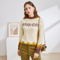 三彩2020冬季新款圆领提花宽松针织长袖套头毛衣女