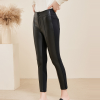 三彩2020冬季新款高腰修身复古PU皮裤拼接小黑裤小脚裤长裤女