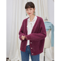 伊布都ibudu2020冬季新款V领一颗扣宽松长袖花纱针织衫开衫外套女