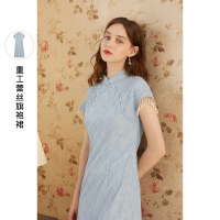 三彩2020夏秋季新款民国风立领绣花气质蕾丝改良版旗袍裙连衣裙女