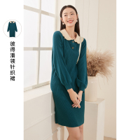 三彩2020冬季新款撞色彼得潘领长袖灯笼袖针织裙毛衫连衣裙女