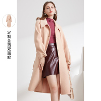 三彩2020冬季新款翻领长款开叉毛呢大衣外套宽松羊毛双面呢女