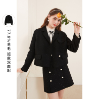 三彩2020冬季新款平驳领单排扣宽松羊毛呢短款双面呢大衣外套女