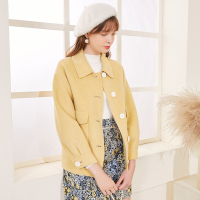 三彩2020冬季新款翻领纯色宽松短款双面呢毛呢外套女