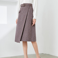 伊布都ibudu2020冬季新款高腰A字不规则格裙羊毛呢半身裙女