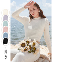 三彩2020冬季新款半高领修身坑条针织衫长袖打底毛衫毛衣女