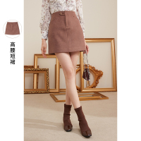 三彩2020冬季新款高腰枣红色A字裙半身裙修身短裙女