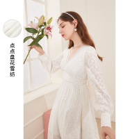 三彩2020冬季新款浪漫仙女小白裙初恋裙盘花雪纺裙中长大摆裙女