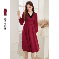 三彩2020冬季新款撞色花边V领灯笼袖长袖复古法式小红裙连衣裙女