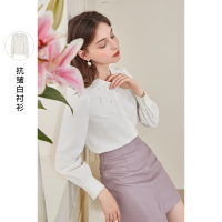 三彩2020冬季新款复古绣花边领直筒长袖绒面抗皱白衬衫上衣女