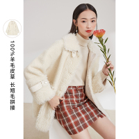 三彩2020冬季新款翻领单排扣宽松长袖纯羊毛皮草大衣外套女