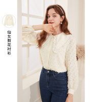 三彩2020冬季新款花边娃娃领直筒灯笼袖衬衣长袖剪花衬衫上衣女
