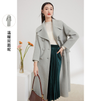 三彩2020冬季新款大翻领长款宽松外套羊毛呢双面呢大衣女