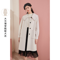 三彩2020冬季新款娃娃领单排扣宽松长款长袖纯羊毛双面呢大衣女