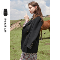 三彩2020冬季新款 西装领双排扣腰带西装式呢大衣西装外套女