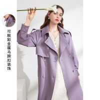 三彩2020冬季新款 C位紫双排扣长风衣长款宽松外套女