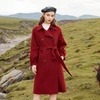 三彩2020冬季新款羊毛双面呢气场长大衣双排扣呢子外套女