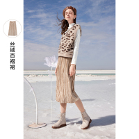 三彩2020冬季新款丝绒压褶半身裙宽松高腰直筒半身裙女