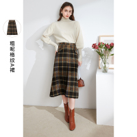 三彩2020冬季新款复古格纹高腰半身裙色织粗呢A字长裙女