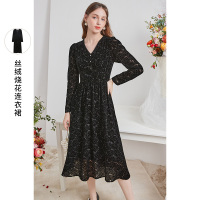 三彩2020冬季新款维多利亚复古丝绒烧花连衣裙浪漫中长大摆裙女