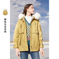 三彩2020冬季新款宽松时髦工装风派克服狐狸毛领獭兔毛派克服女