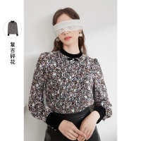 三彩2020冬季新款复古灯笼袖丝绒立领蝴蝶结印花衬衫上衣女