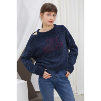 伊布都ibudu2020冬季新款圆领镂空露肩字母提花套头针织上衣女