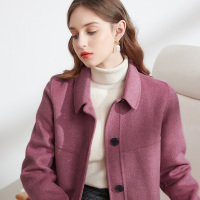 三彩2020冬季新款翻领单排扣羊毛双面呢大衣宽松短款外套女