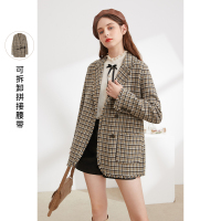 三彩2020冬季新款格纹毛呢外套西装式双面呢宽松羊毛呢大衣女