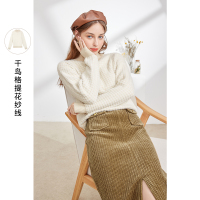 三彩2020冬季新款半高领千鸟格仿水貂套头针织衫女