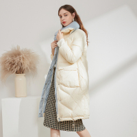 三彩2020冬季新款设计感撞色白鸭绒羽绒服中长款羽绒服女