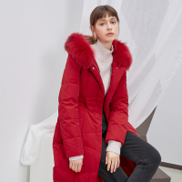 伊布都ibudu2020冬季新款连帽狐狸毛大毛领收腰长款白鹅绒羽绒服
