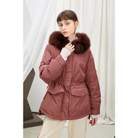 伊布都ibudu2020冬季新款连帽大毛领羽绒派克服抽绳收腰羽绒服女