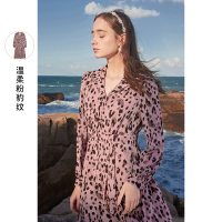 三彩2020冬季新款法式复古粉色豹纹长裙高腰显瘦连衣裙女