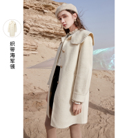 三彩2020冬季新款大翻领海军领织带双面呢中长宽松羊毛大衣外套女
