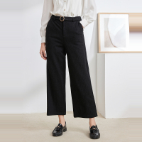 三彩2020冬季新款高腰直筒条纹针织羽绒裤保暖白鸭绒阔腿裤长裤女