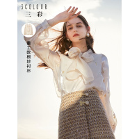 三彩2020冬季新款系带V领欧根纱花朵绣花长袖花苞袖重工衬衫女