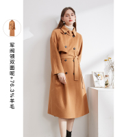 三彩2020冬季新款宽松长款气场双排扣呢大衣羊毛呢子双面呢女