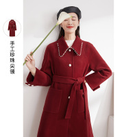 三彩2020冬季新款中长款珍珠翻领呢大衣宽松森巴红毛呢外套女