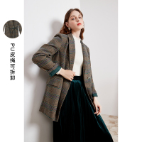 三彩2020冬季新款复古格纹西装式呢大衣羊毛外套毛呢大衣女