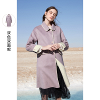 三彩2020年冬季新款甜美气质双色羊毛双面呢大衣中长款外套女