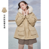 三彩2020冬季新款连帽狐狸毛大毛领白鸭绒羽绒服宽松派克服女